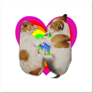 Super cute Jack Russell terriers sleeping on a rainbow heart Posters and Art